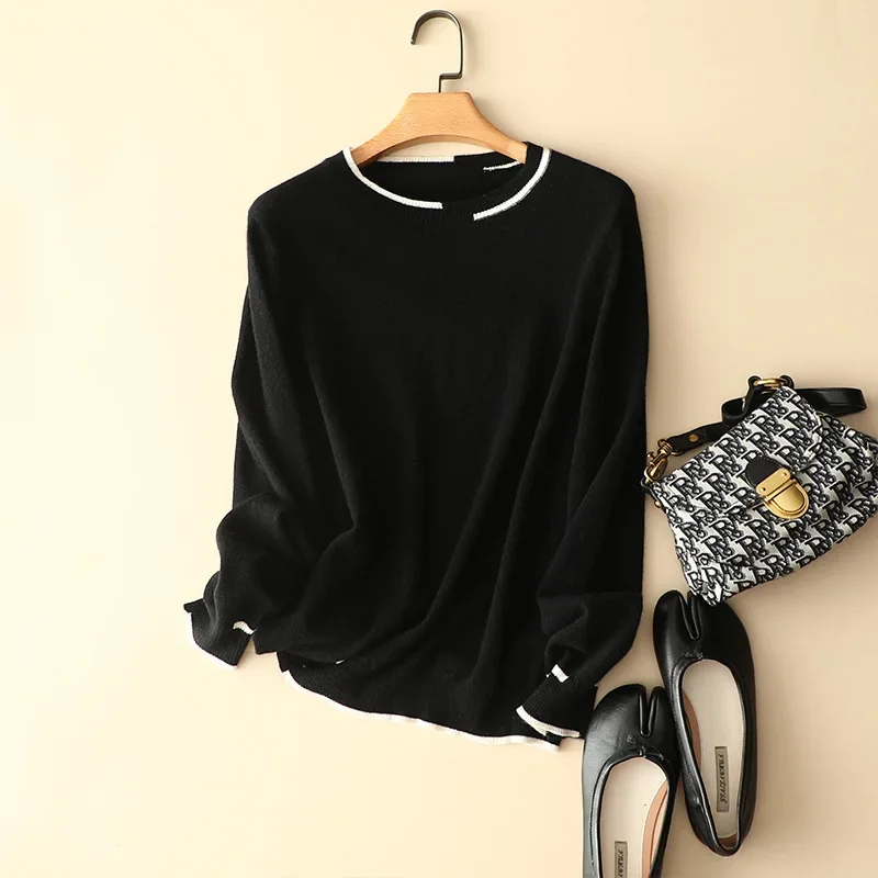 Aliaga осенний свитер цвета слоновой кости 100% кашемир контрастный с круглым вырезом