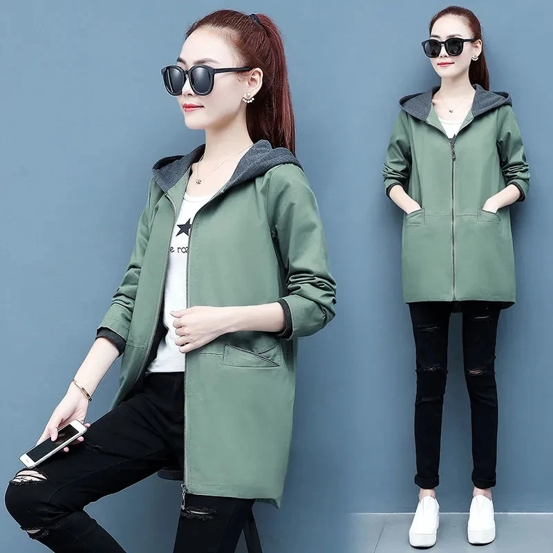 

Autumn Women's Trench Coat 2023 New Loose Hooded Mid Long Overcoat Middle-aged Female Windbreakers Outerwear Casaco Feminino