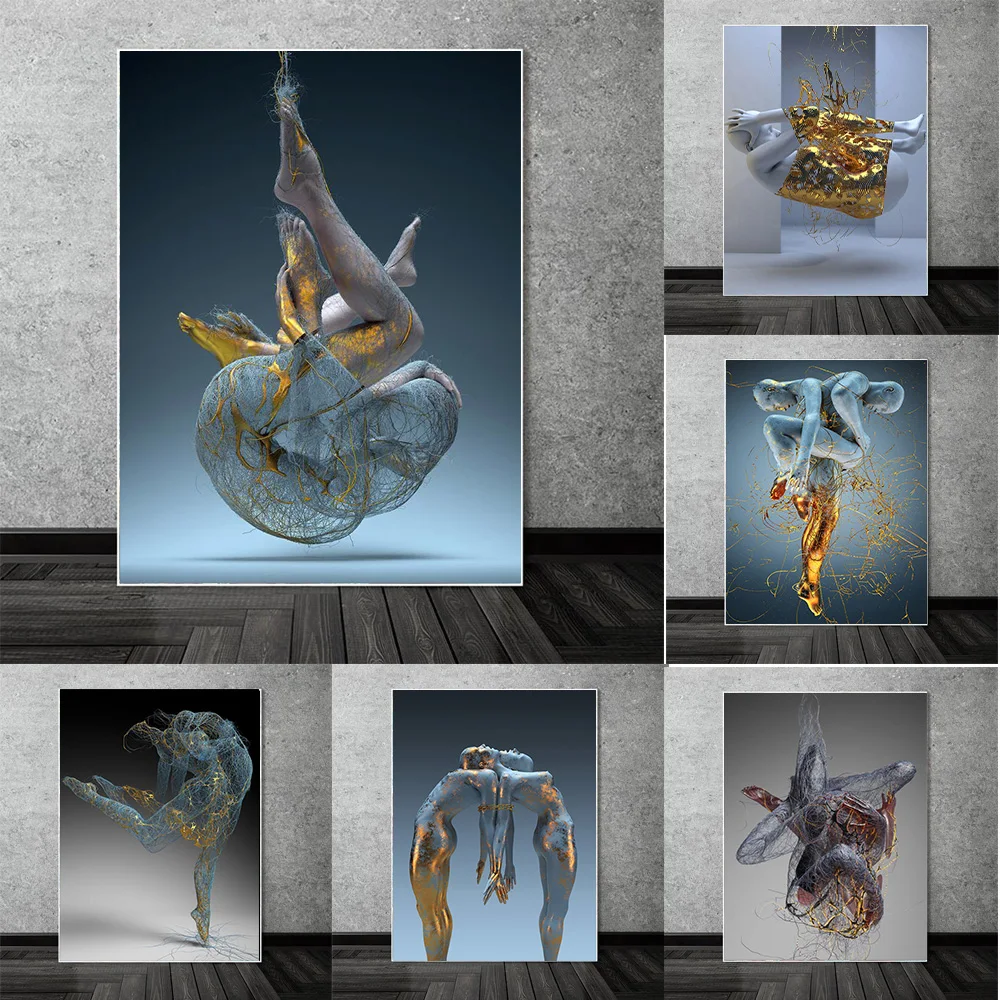 

Metal Abstract Figure Statue Canvas Painting Poster and Prints Golden Portrait Sculpture Wall Picture for Living Room Home Decor