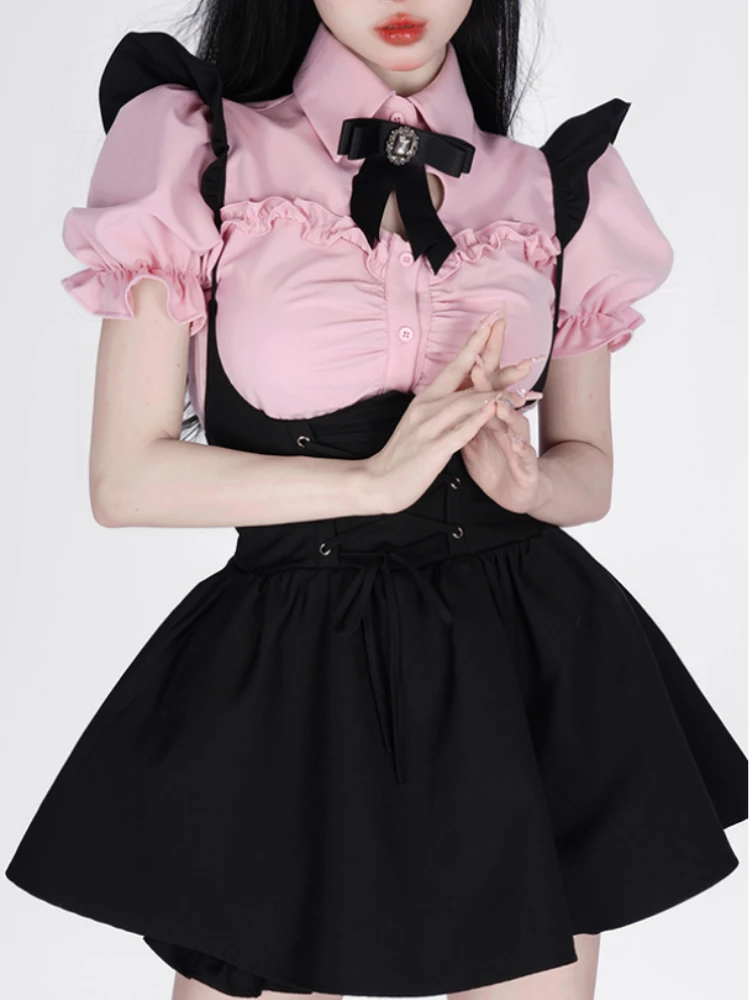 Summer Pink Sweet Kawaii 2 Piece Set Women Black Korean Style Skirt Suit Female 2023 Elegant Cute Blouse + Suspenders Mini Dress