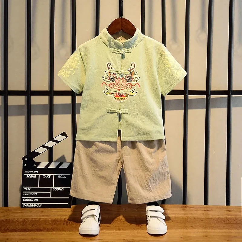 Hanfu Summer Children's Tang Suit Ancient Chinese Style Suit Boy Baby Cotton Linen Top Shorts 2-piece Set images - 6