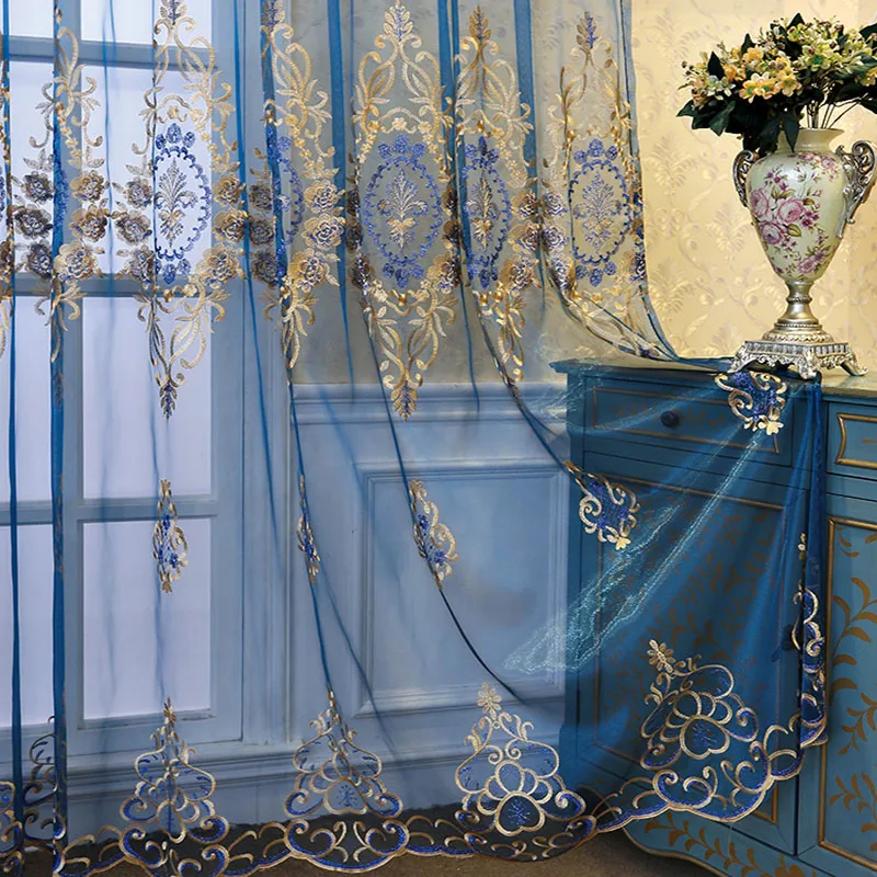 

European Gold Thread Embroidered Tulle Curtain For Living Room Bedroom Blue High-end Luxury Sheer Voile Drapes For Door Custom 5