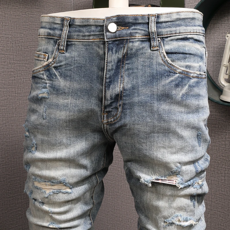 Streetwear Fashion Men Jeans Retro Blue Stretch Elastic Slim Fit Hole Ripped Jeans Men Patch Designer Hip Hop Brand Pants Hombre