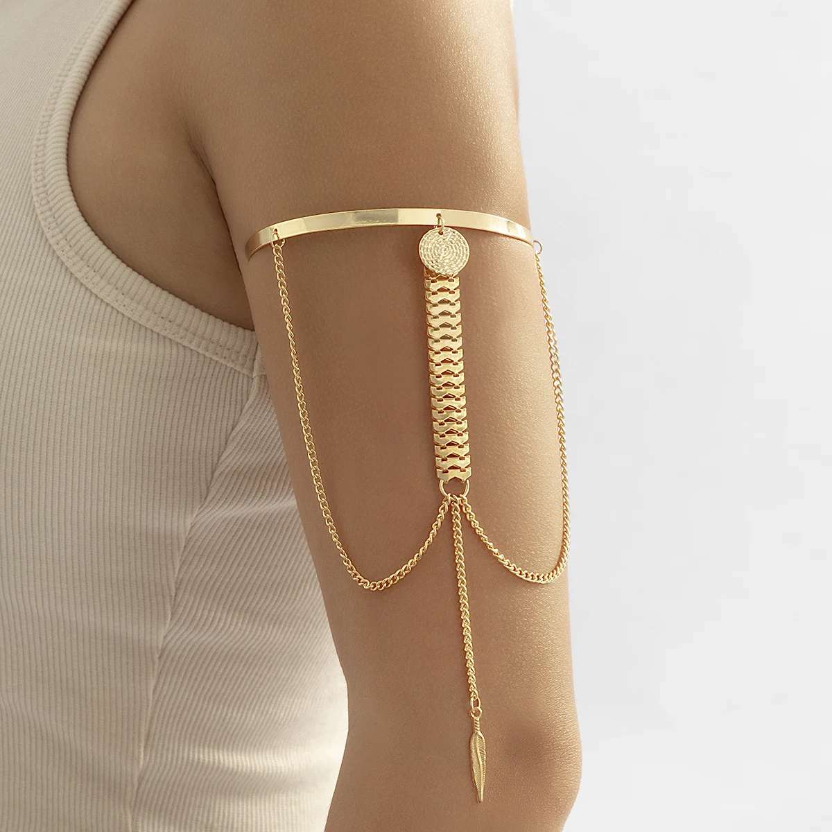 

PuRui Bohemian Disc Wheat Charm Upper Arm Bracelet Water Droplets Tassel Pendants Arm Cuff Bangle Bracelets For Women Jewelry