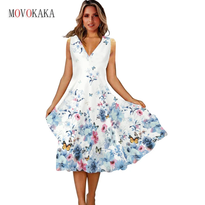 

MOVOKAKA Woman Summer Elegant Midi Dress Party Sleeveless Holiday Casual Beach Vestidos Flowers Printing V Neck Vintage Dresses