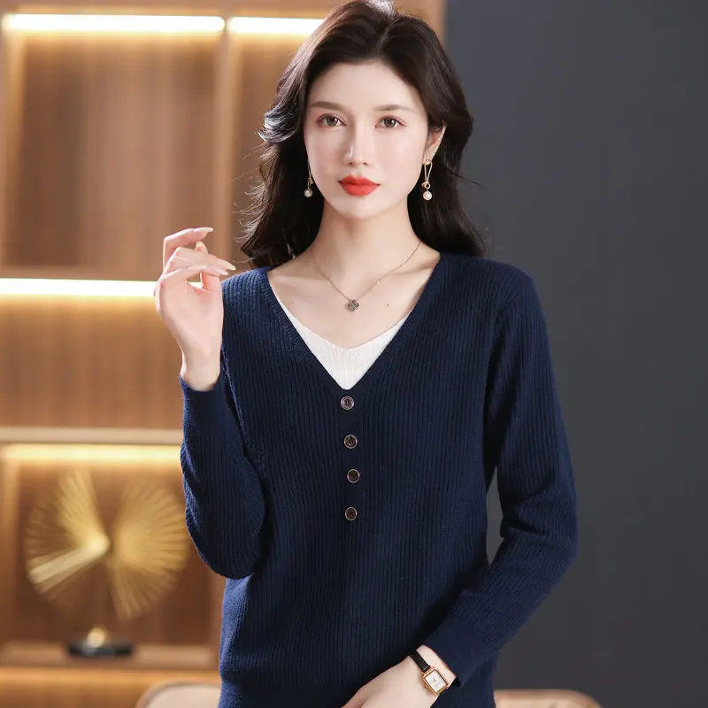 

Women Soft Warm Pullover Sweaters Layered Collar Fake 2PCS Knitting Tops Navy Yellow Green Blue Knitwear Ladies Cozy Wear Attire