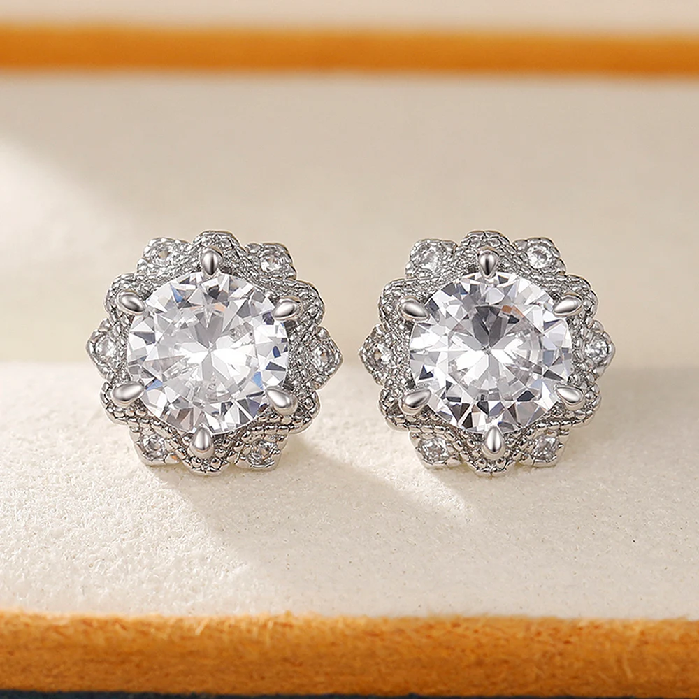 

New Sparkling Flower Design Cubic Zirconia Stud Earrings Temperament Ear Accessories for Women Party Fancy Girls Gift Jewelry