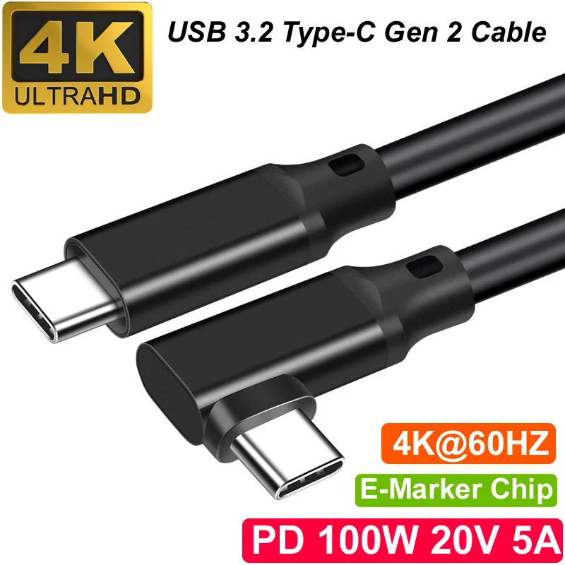 Фото USB TYPE-C 3.2 PD 100 Вт, 24 В, 5 А, прямой колено, 20 Гбит/с, OTG, быстрое зарядное устройство, синхронизация данных, 4K при 60 Гц, полнофункциональный шнур, кабель VR, концентратор 5 м №2