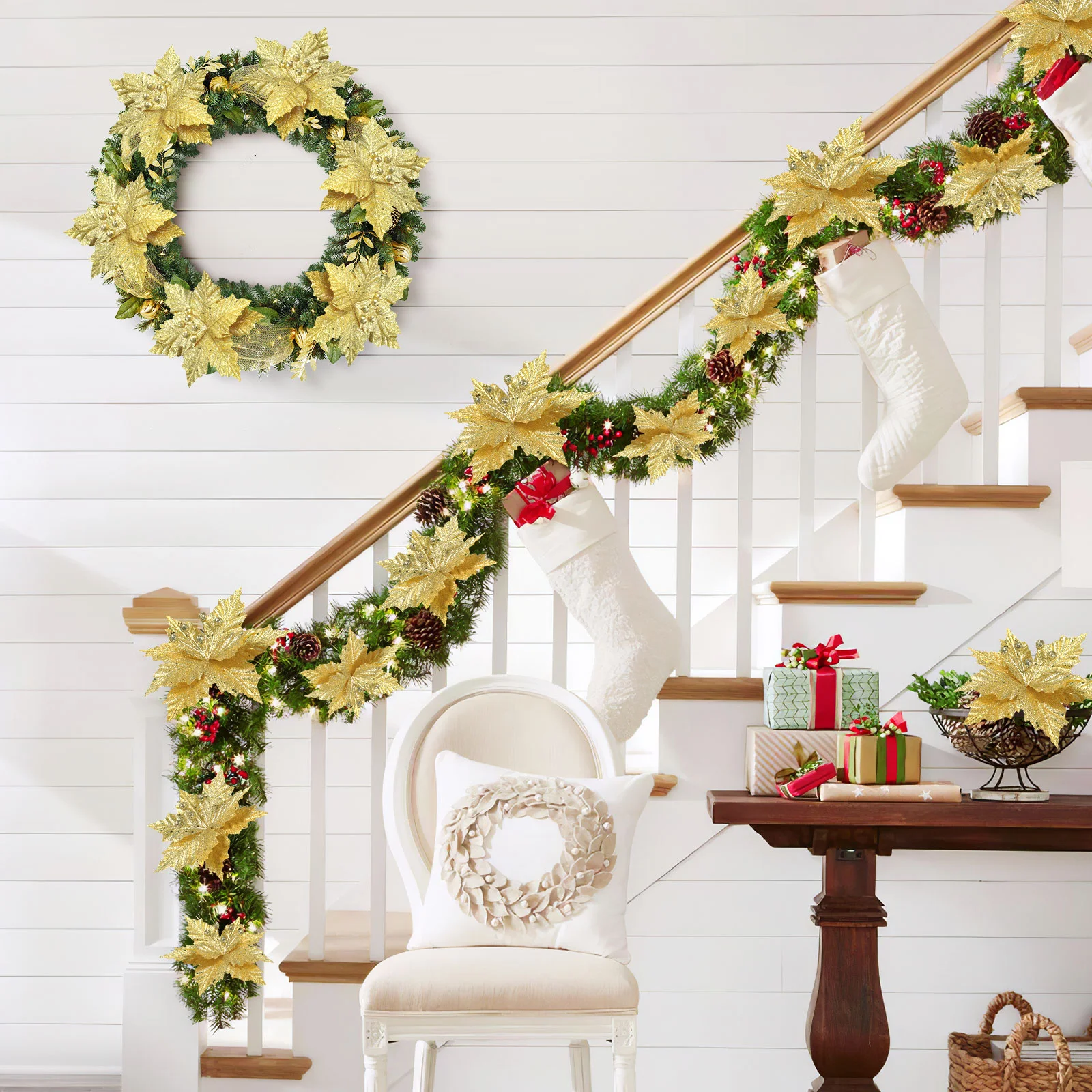 

Flowers Christmas Artificial Poinsettia Tree Flower Decorations Glitterfake Xmasornaments Decor Poinsettias Clips Stem Gold