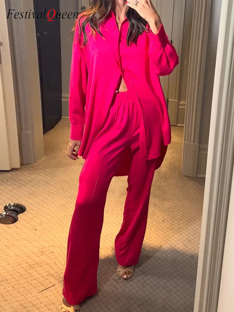 

Y2K 2023 Summer New Women's 2 Piece Sets Temperament Loose Long Sleeve Female Solid Color Office Lady Shirt Straight Trouser Set