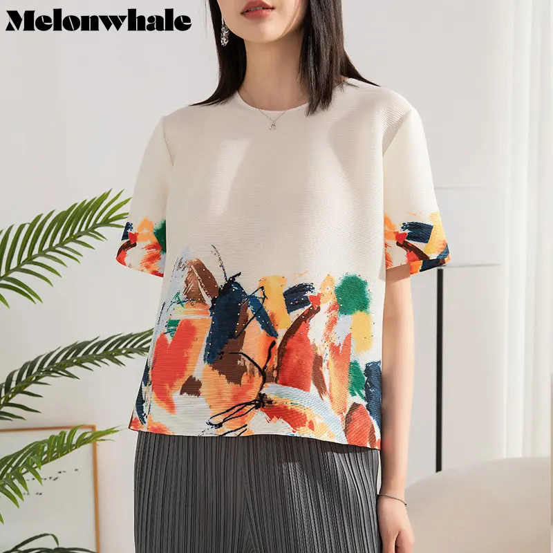 

MelonWhale Graffiti Print Women Big Size Casual Pleated T-shirt New Round Neck Short Sleeve Fashion Tide Spring Summer 2023