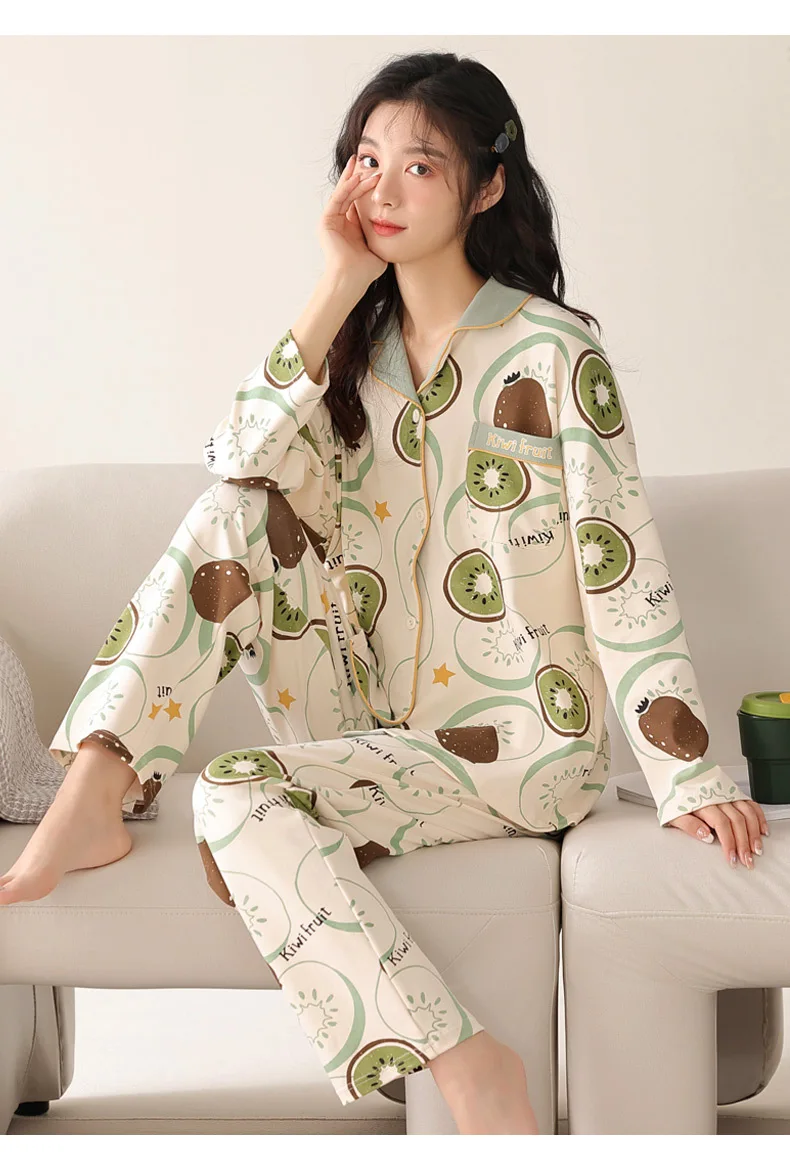 Yasuk Spring Autumn Fashion Women Casual Soft Print Sleepwear Homewear Pajamas With Pants Sweet Kiwifruit Girl Simple Cotton