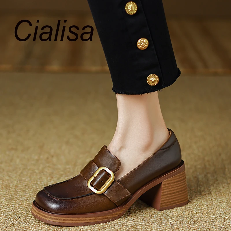 

Женские туфли на платформе с квадратным носком, из натуральной кожи