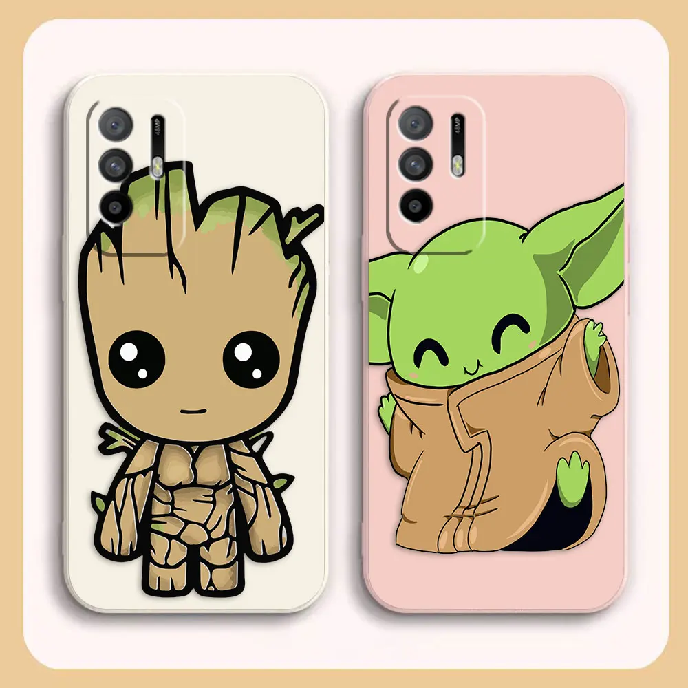 

Case For OPPO A54 A55 A57 A91 A93 A92S A93S A94 A95 A96 4G 5G A15 Colour Simple Liquid Silicone Case Marvel Baby Yoda Groot