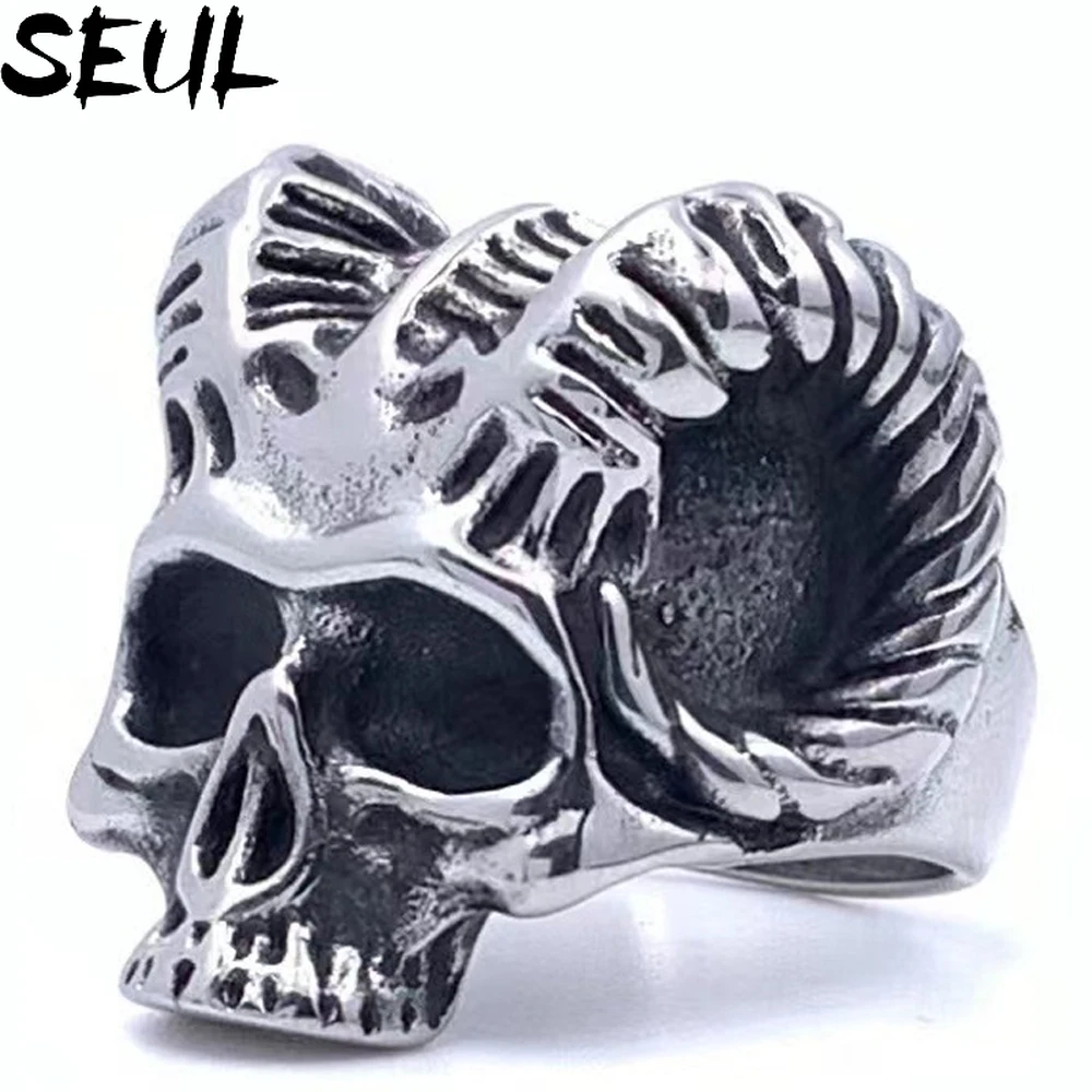 

Seul Unique Horned Devil Skull Rings Mens Satan Demon Stainless Steel Ring Punk Biker Jewelry Anillos Para Hombres
