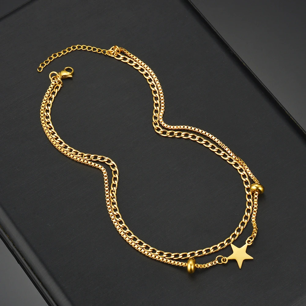 Women 2 Layer Choker Necklace Gold Color Chain Star Bead Pendant Stainless Steel Fashion Jewelry