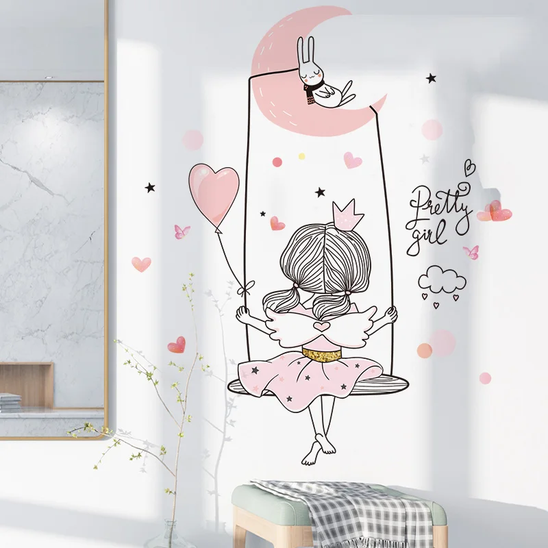 shijuehezi girl on the swing wall stickers diy moon rabbit mural decals for kids rooms baby bedroom nursery house decoration free global shipping