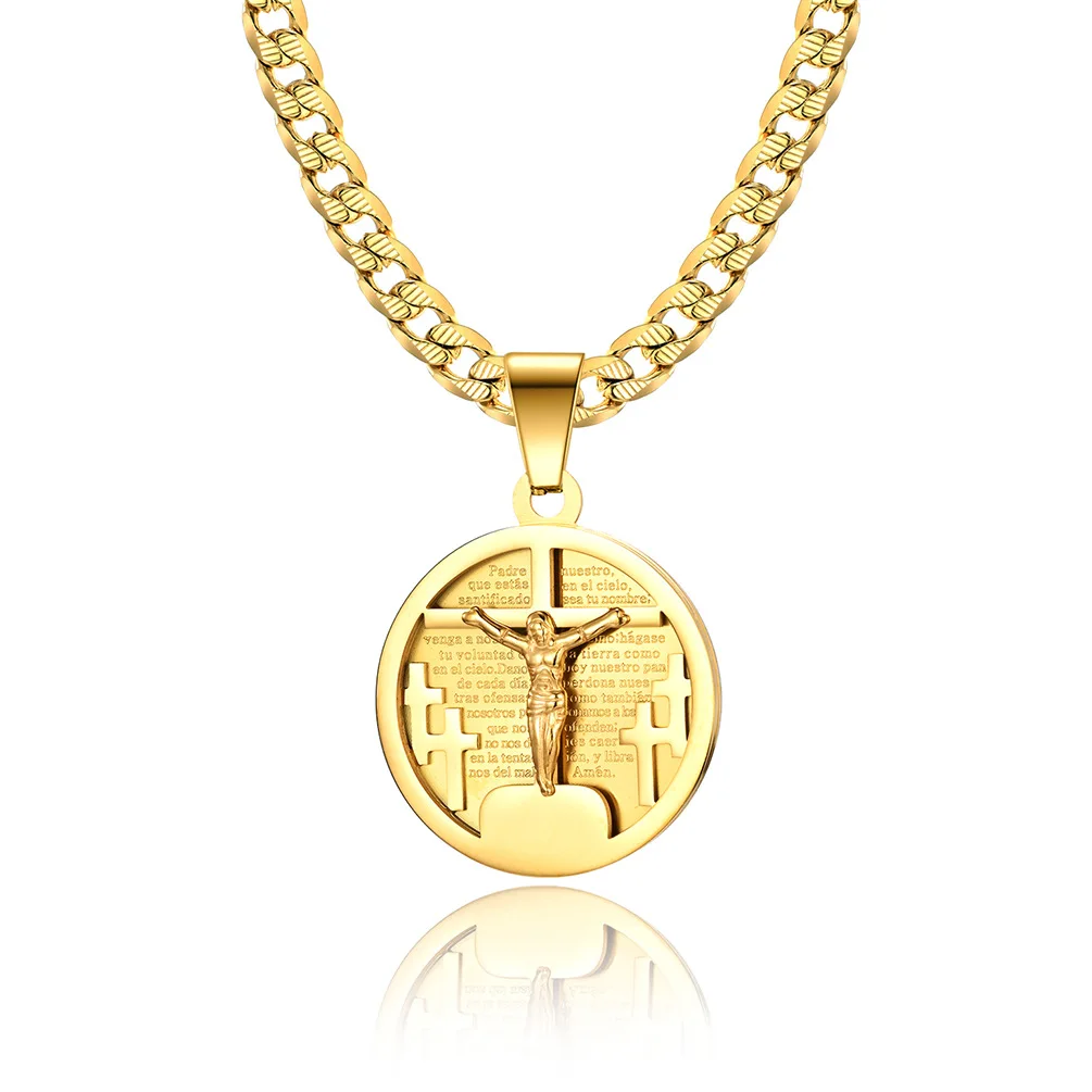 

European and American Hiphop Exaggerated Cross Round Cuba Necklace Plated 18K Gold Personality Pendant Necklace for Men