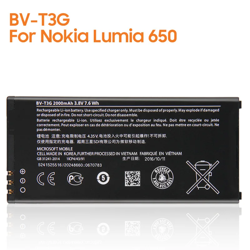 New yelping BV-T3G Phone Battery For Nokia Microsoft Lumia 650 RM-1154 2000mAh