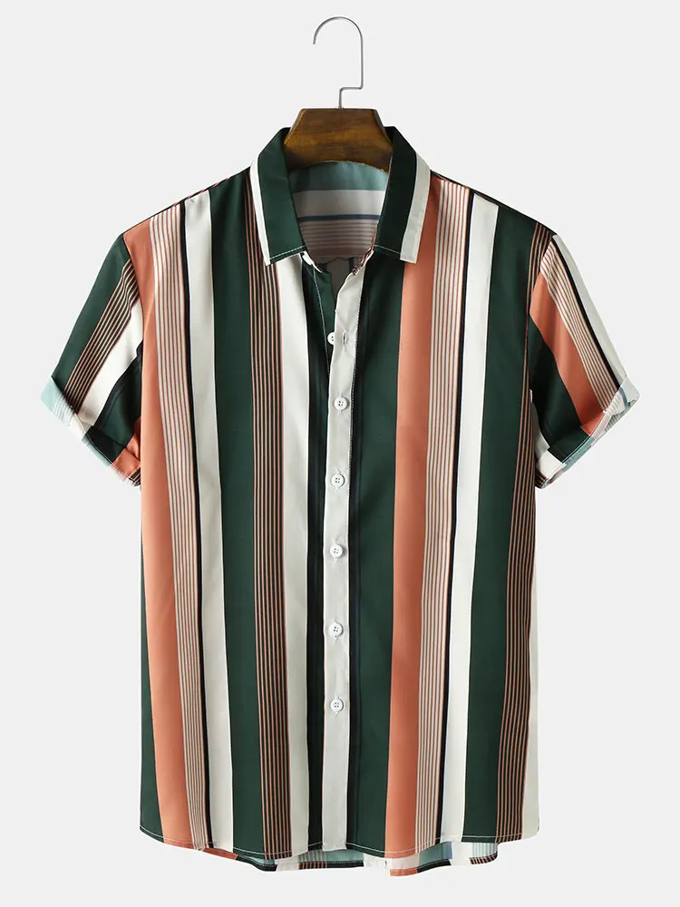 

Men's Casual Short Sleeve Striped Color Shirts Summer New Korean Style Slim Fit Large Size Loose Fashion Tops for Outer Wear