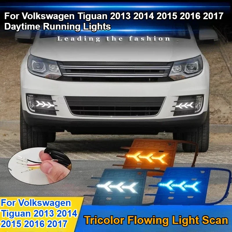 Фото Для Volkswagen Tiguan 2013 2014 2015 2016 2017 Автомобильные светодиодные дневные ходовые огни Передние противотуманные фары DRL Желтый Dymanic указатель поворота №2