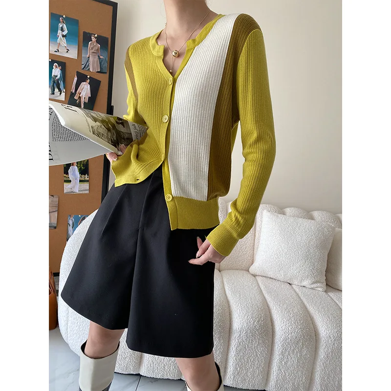 

Желтый пуловер контрастных цветов, модный свитер с длинными рукавами, повседневные Джемперы, одежда