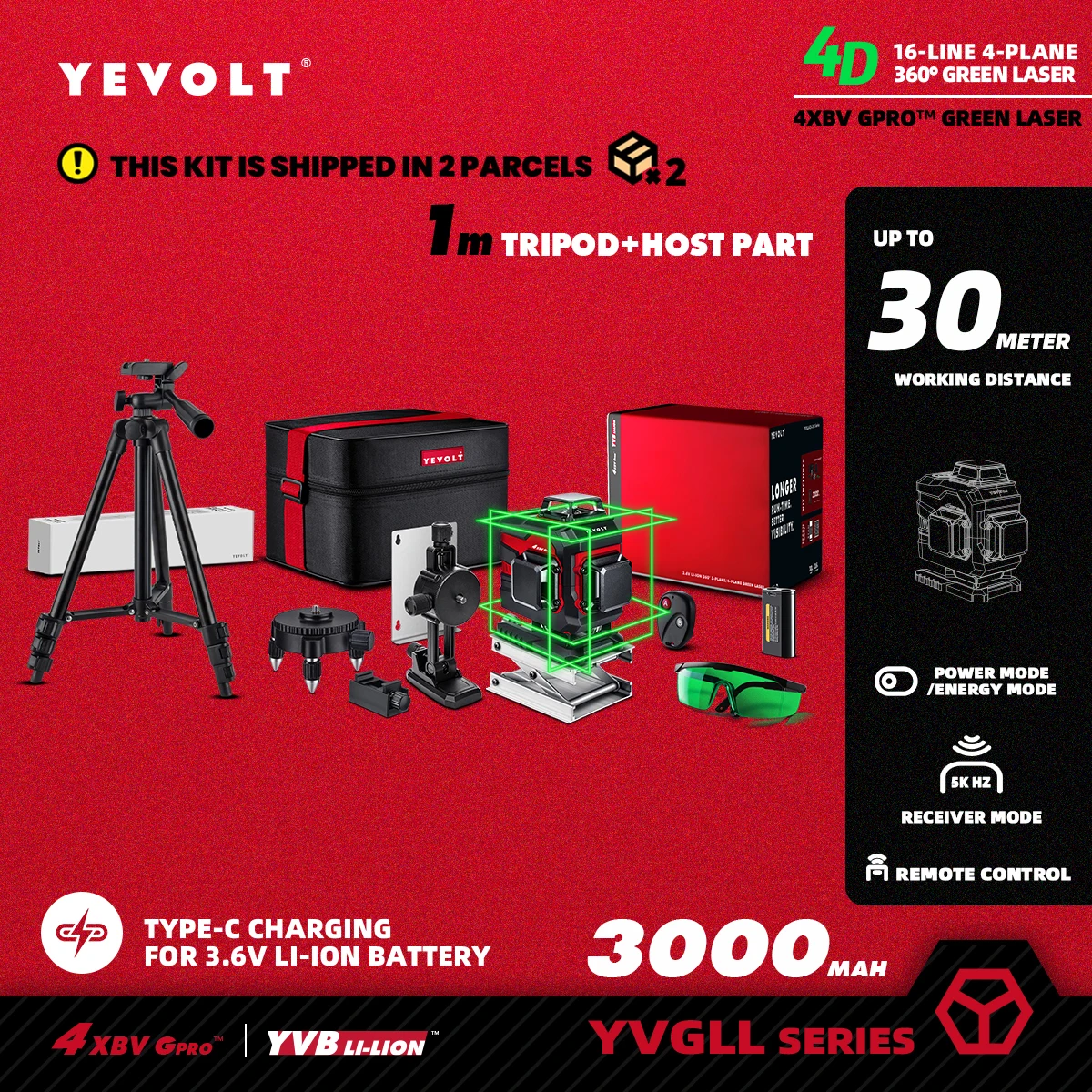 YEVOLT TL-YVGLL4XS16B2P Серия Зеленый лазерный уровень 4 самолета 16-линейный