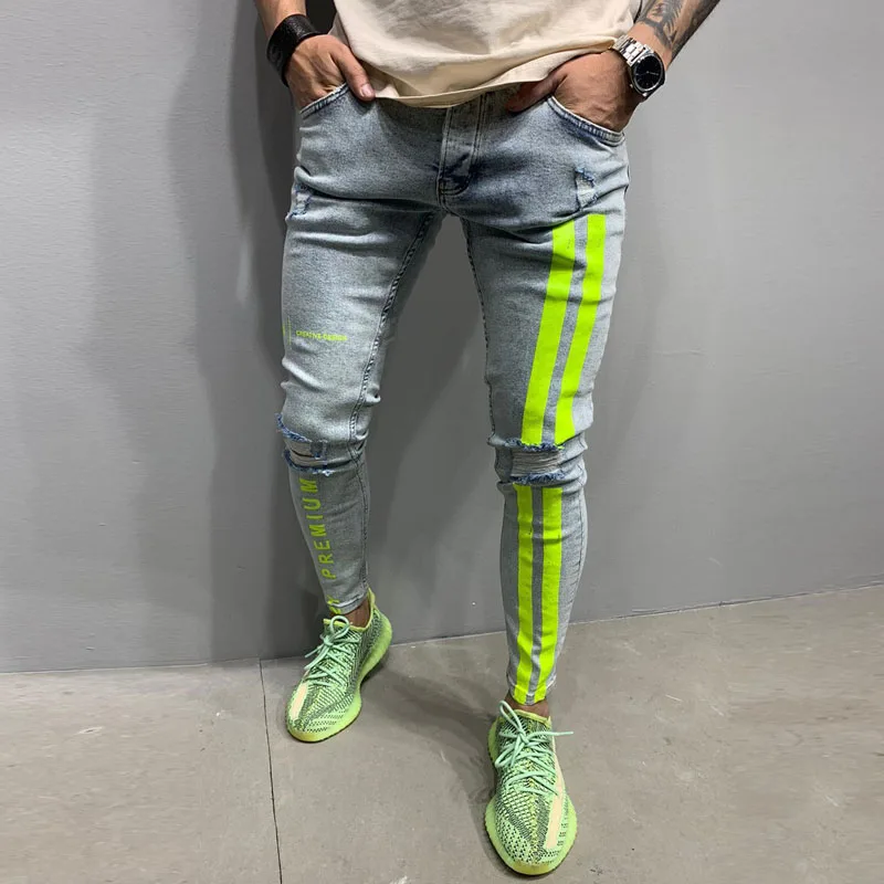 Spring and Autumn Fashion Men's Jeans Youth Nid-Waist Printed Zipper Ninth Pants Slim Fit Ripped White Edge Casual Pencil Pants