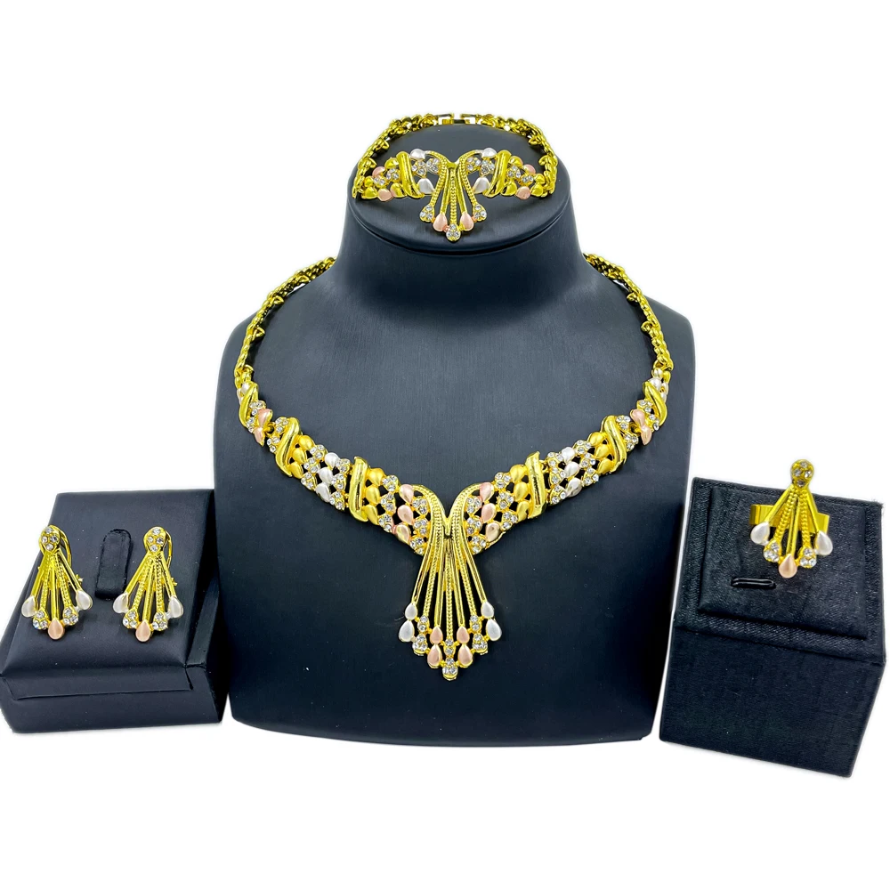 

Dubai Colorful Necklaces Water Drop Shape Bracelets for Women Earrings Creative Ring Fashion Jewelry Sets Wedding Accessories