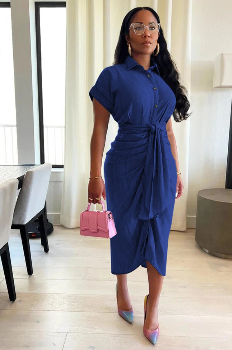 

Summer Casual Short Sleeve Long Denim Dress High Waist Turn-down Collar Drawstring Dress For Ladies