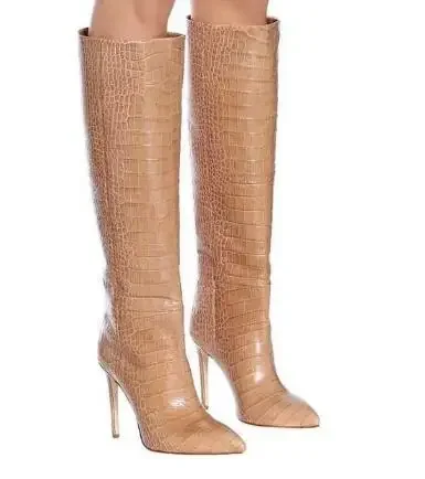 Зеленые черные сапоги до колена из змеиной кожи питона с острым носком женские