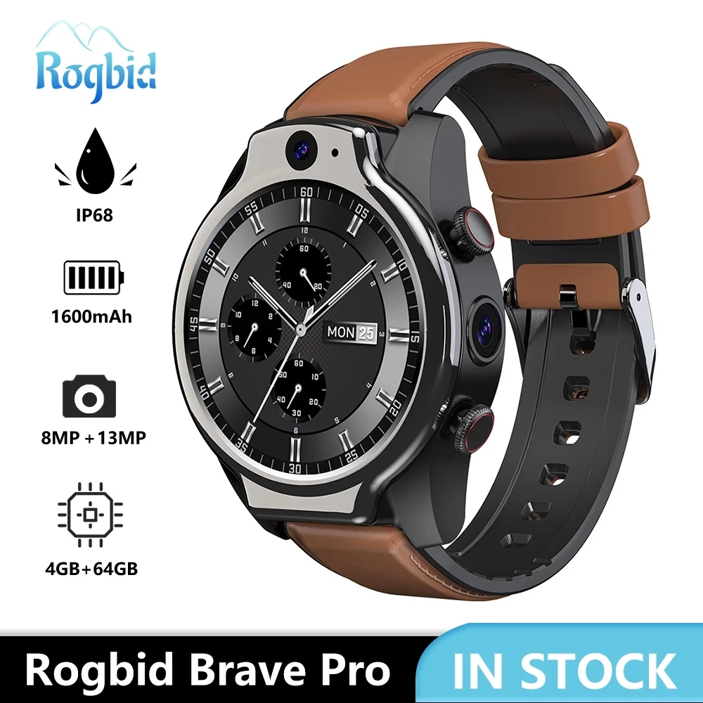 

Rogbid Brave Pro 4G Global Smart Watch Men 4GB 64GB 2 Camera 13MP 1600MAh Android 10 Smartwatch Phone WIFI GPS IP68 Waterproof
