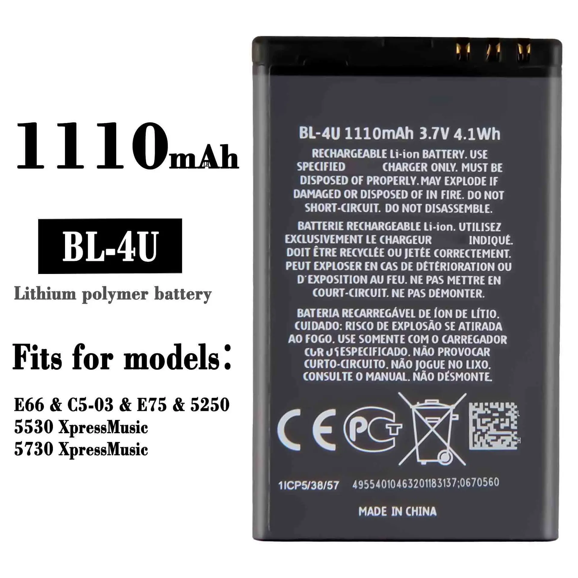

BL-4U 100% Orginal High Quality Replacement Battery For Nokia E66 5250 5530 5730 E75 C5-03 1110mAh Built-in Lithium Batteries
