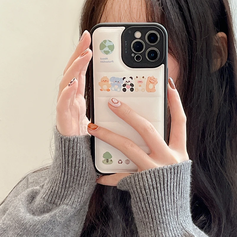 

Cute Cartoon Animal Bear Down Jacket The Puffer Phone Case For iPhone 13 12 11 Pro Xs Max X Xr 7 8 Puls SE 2 Soft Leather Cover