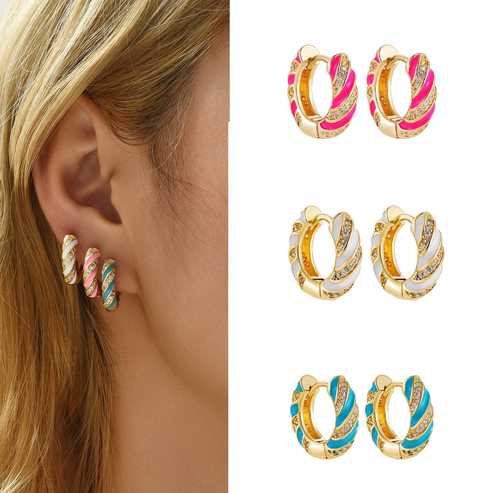 

High Quality Enamel Twist Round Hoop Earrings Delicate Women Colorful Oil Drips with Zirconia Studs Ear Girls Trendy Jewelry