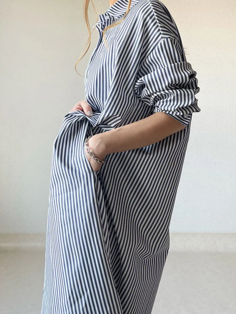 

Женское прямое платье в полоску, повседневное платье в Корейском стиле с длинными рукавами и отложным воротником, новинка 2023