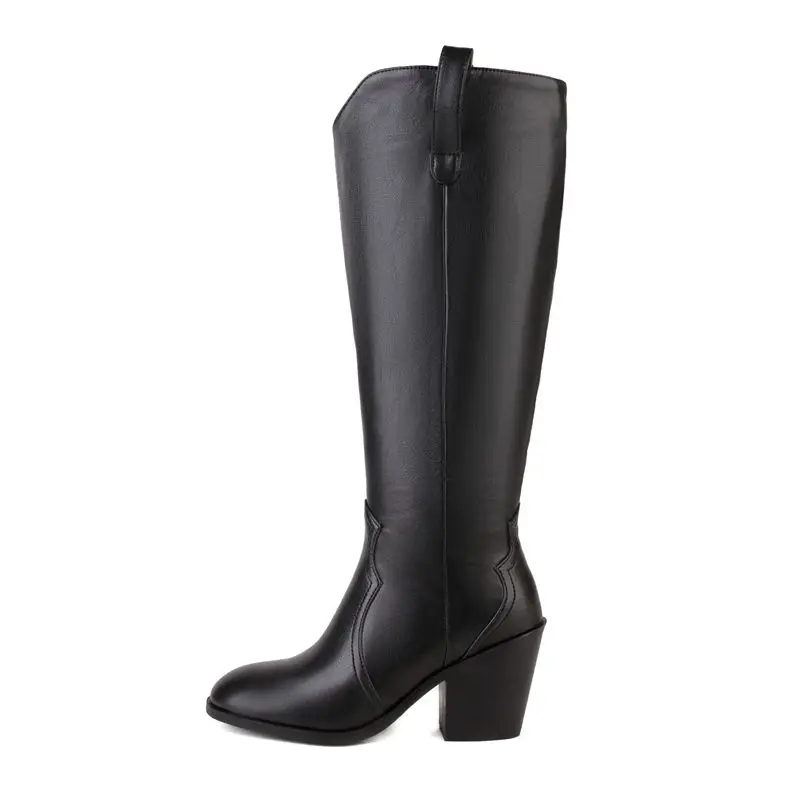 

Spring Women's Shoes Round Toe PU Boots For Elegant Ladies Black Knee High Boots Thick Heels Big Size 43 Free Shipping
