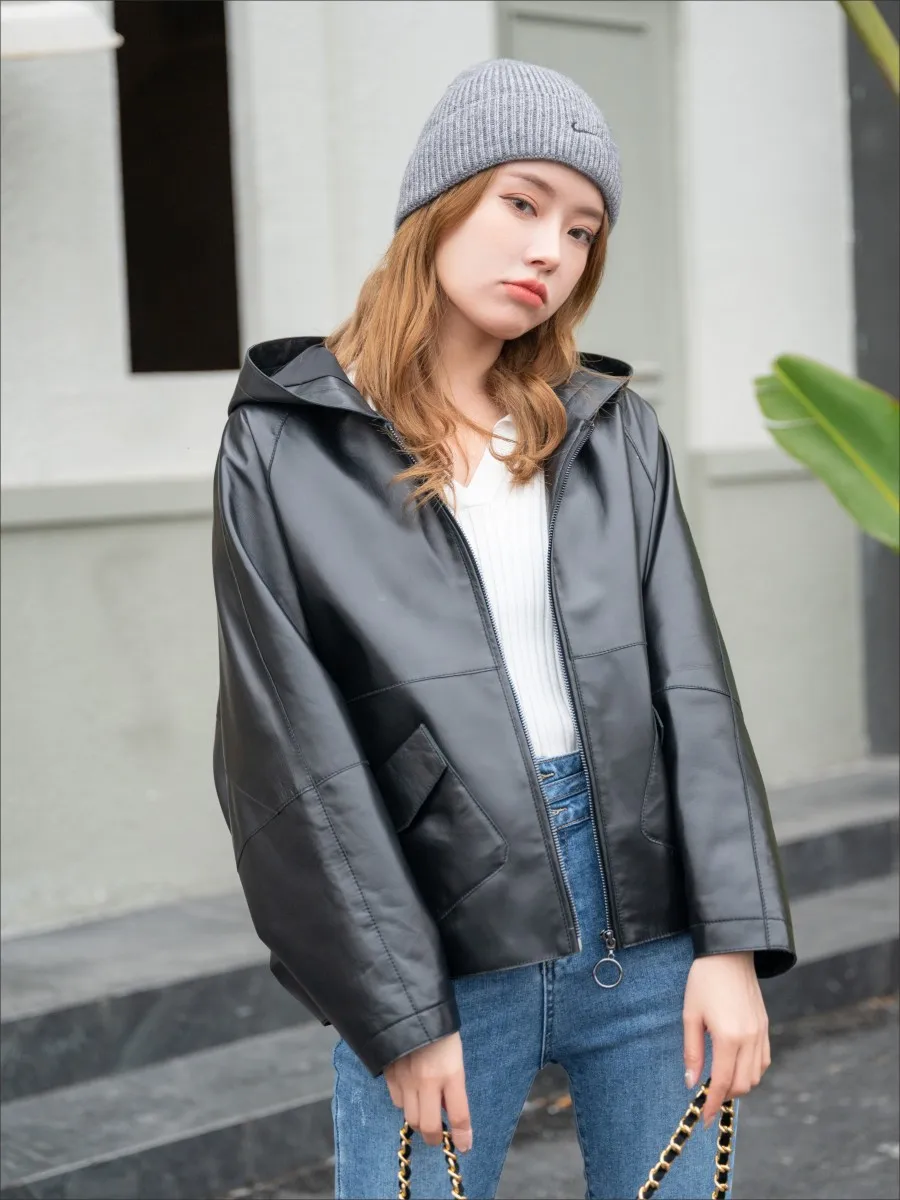 Leather Coat Women's Spring And Autumn Hooded Loose Cape Genuine Leather Coat Female Casual Sheepskin Outerwear