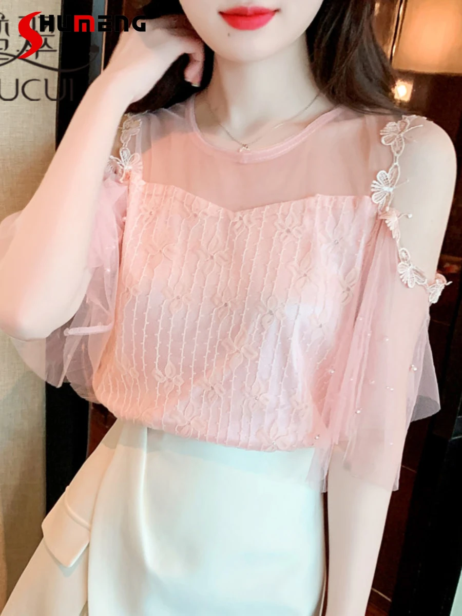 

Summer Short Sleeve Lace Shirt 2022 New Fairy Off-Shoulder Blouses Temperament Beautiful Loose Ruffle Sleeve Top Blusa Feminina