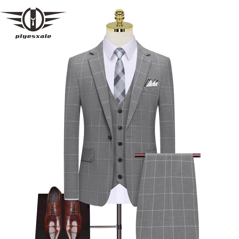 

Мужской серый клетчатый костюм, 3 предмета, свадебные костюмы, приталенные, Q971