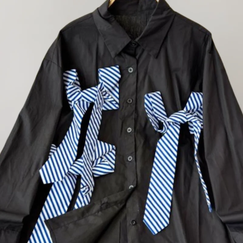 Женская черная свободная полосатая блузка из полиэстера