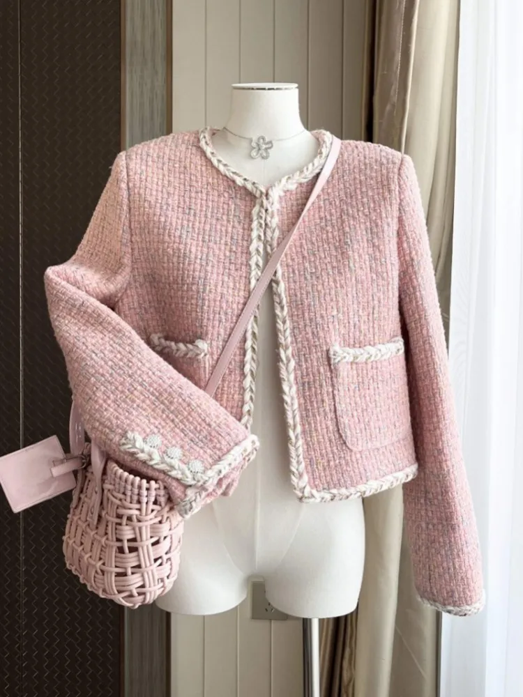 

French Women's Clothes Elegant Pink Tweed Coats O-Neck Short OL Party Jacket Female Outwear Top Casaco