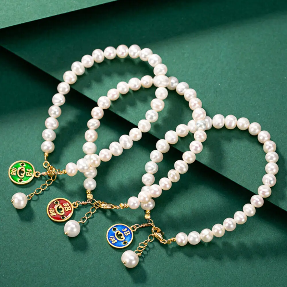 

Solid 925 Sterling Silver Natural Freshwater Pearl Bracelet Coin-Shape Charm