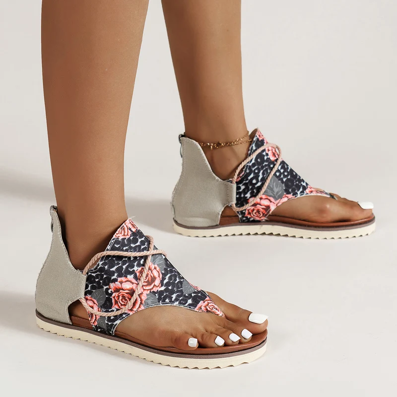 

2023 New Flora Print Sandalias Ladies Flat Gladiator Shoes Summer Casual Zapatos De Mujer Thong Sandals Women