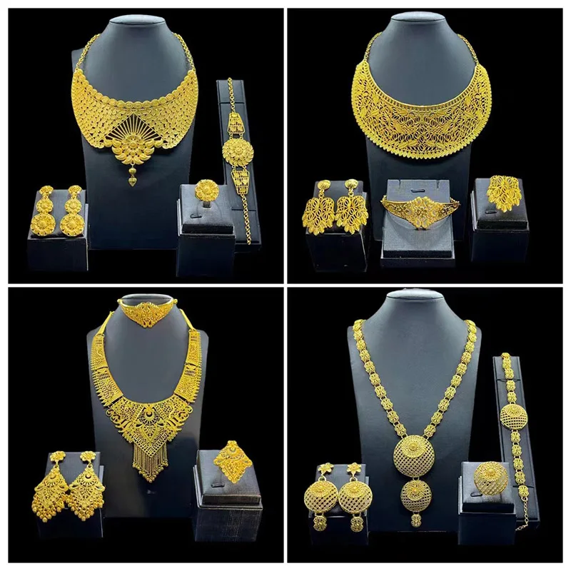

Luxury Women Jewelry Set Dubai Aristocratic Style Design Bridal Necklace Earrings Ring Bracelet Set Wedding Dress Accessorie