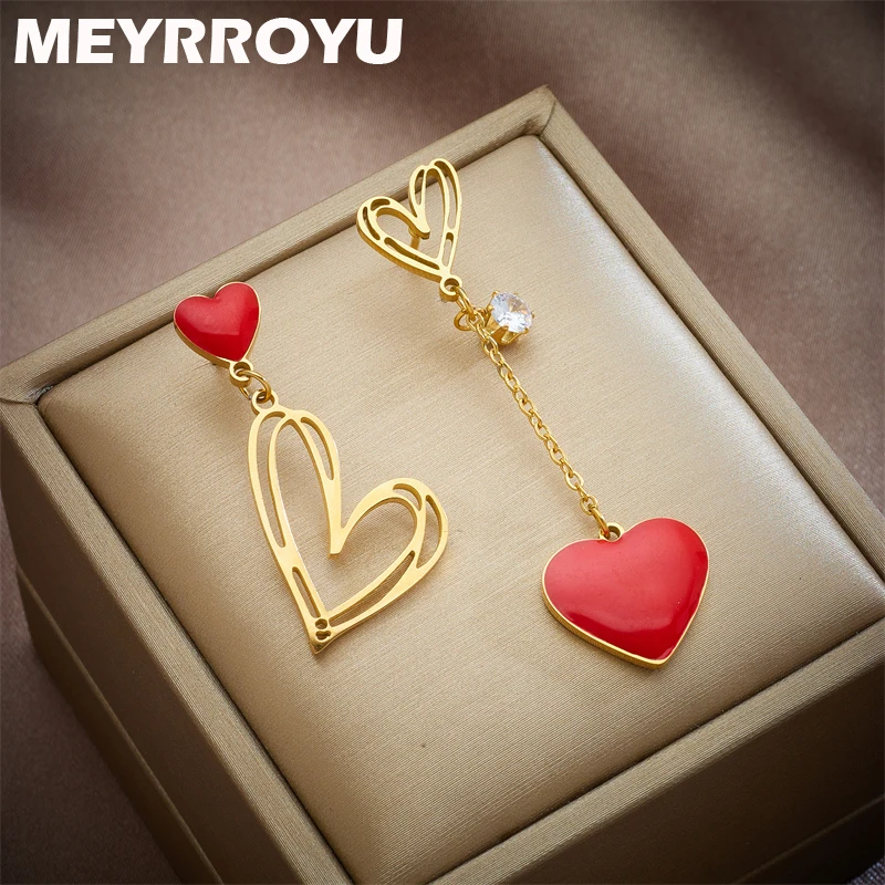 

MEYRROYU 316L Stainless Steel New Elegant Red Love Heart Asymmetry Drop Earrings For Women Girl Party Gift Brincos Accessories