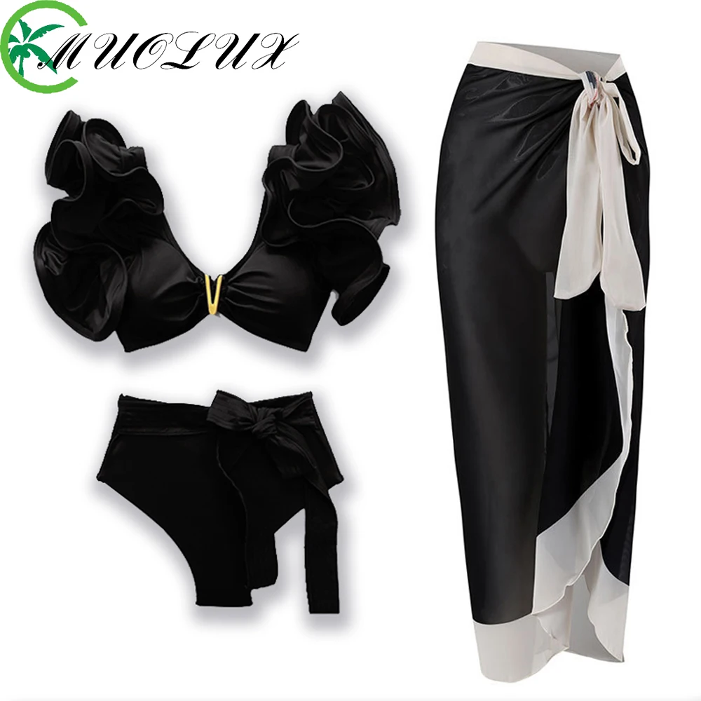 

MUOLUX 2023 Female Vintage Ruffle Print Chic 3 Piece Bikinis High Waist Push Up Swimsuit Holiday Beach Dress Bathing Suit Summer