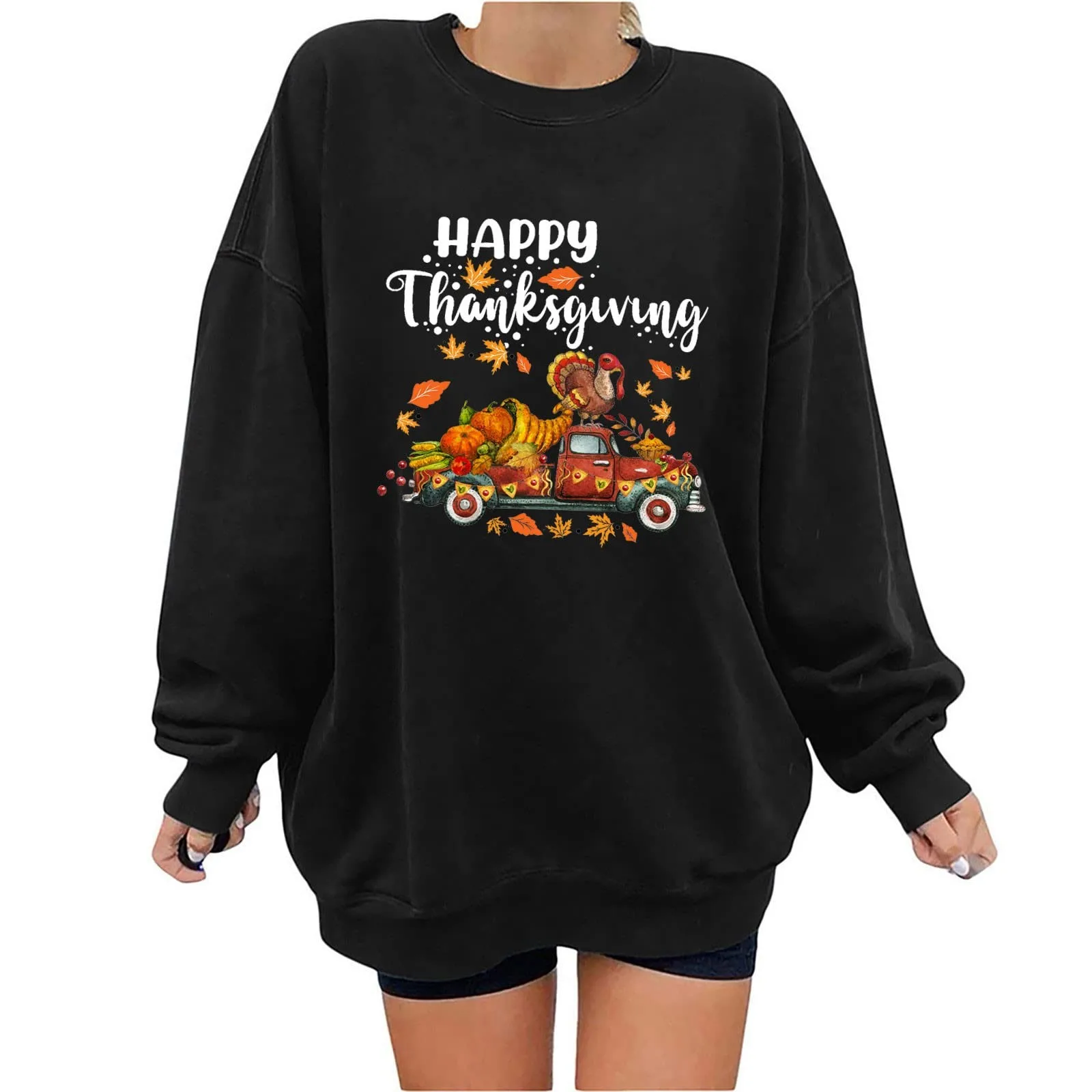 

Color Top Thanksgiving Cute Print Womens Top Loose Round Neck Long Sleeve Casual Loose Pullover Top Sweater Womens Fleece Long