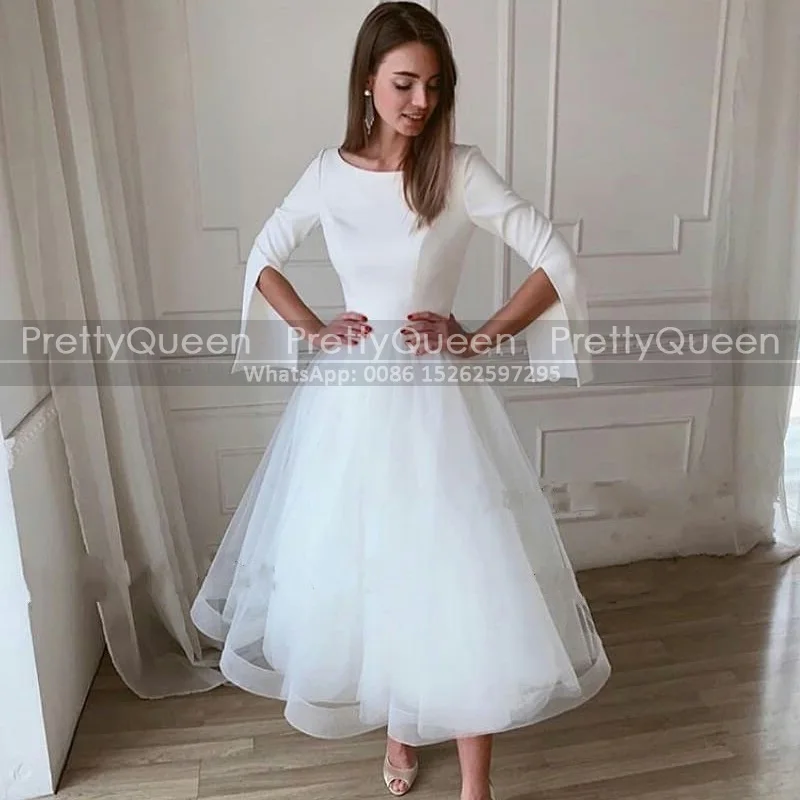 

Simple A Line Bohemia Wedding Dress With Long Sleeves Women Tea Length White Tulle Beach Bridal Dresses Formal Gown