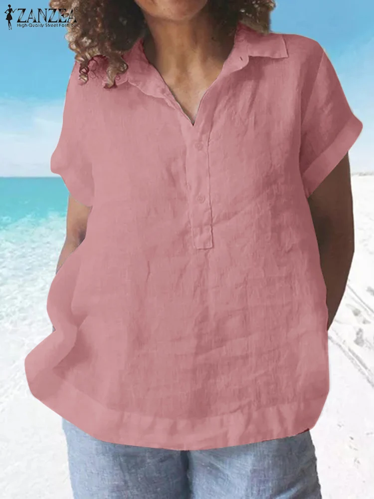 

ZANZEA Women Holiday T-shirt Lapel Short Sleeve Summer Solid Blouse Cotton Femme Fashion Casual Vintage Loose Tops Oversize 2022